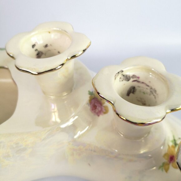 VTG 1950s Candle Holder Planter Iridescent Roses Ivory Unique Handmade Signed - Picture 10 of 15